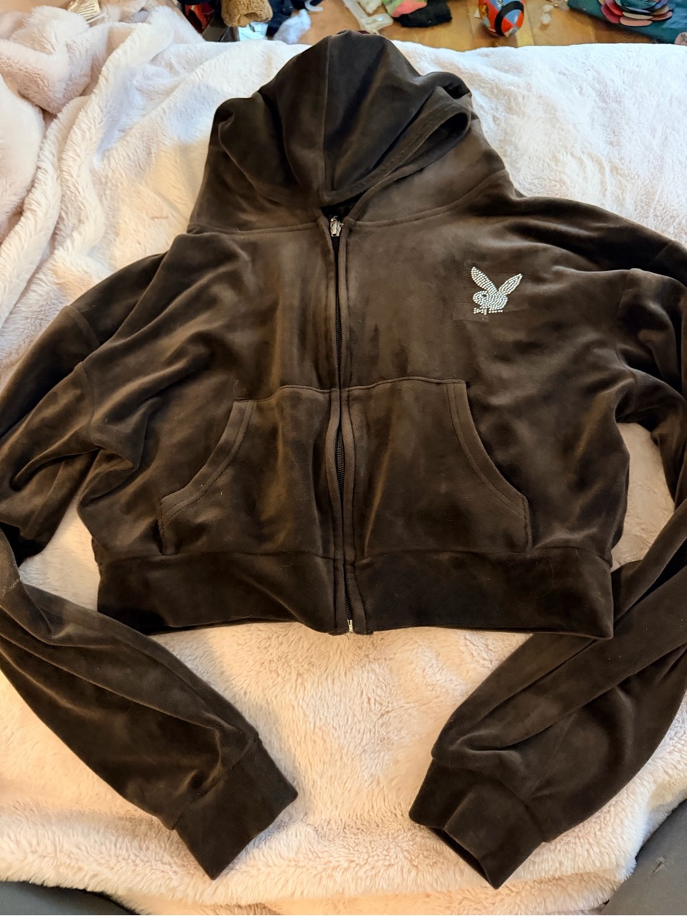 Playboy Cropped velour zip up sweater rhinestones logo bunny zipper silver
